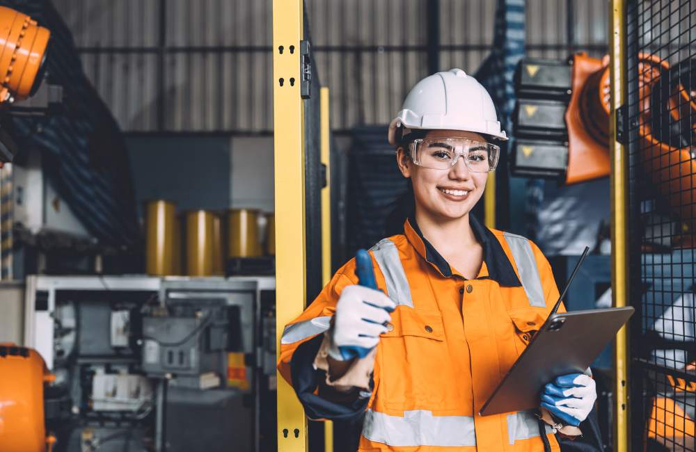 Employee equipped with protective eyewear during HSEQ training, promoting vocational safety awareness.