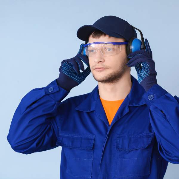 Worker wearing protective safety goggles demonstrating proper eye safety practice for HSEQ vocational training.